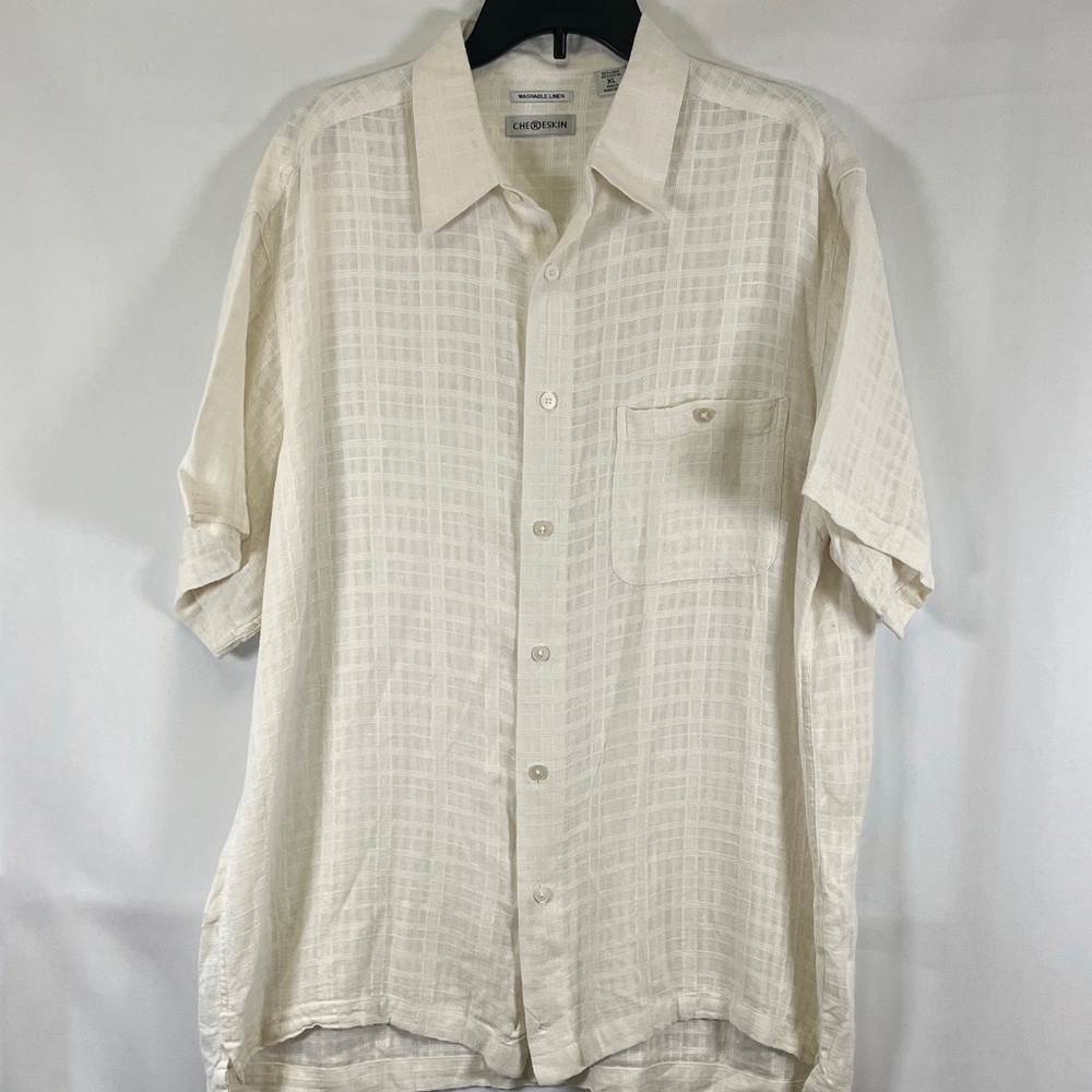 Chereskin Linen Rayon Blend Cream Textured Plaid Button Up Shirt XL